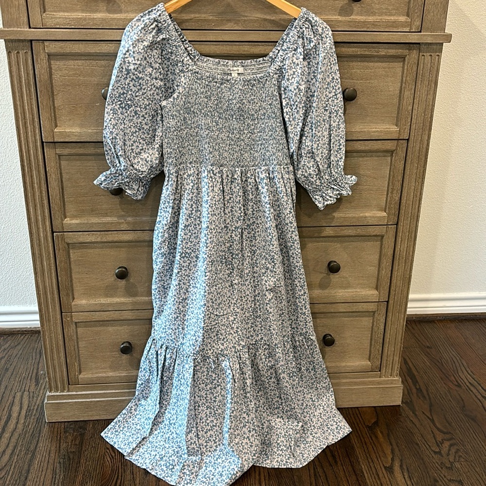 Madewell Blue Floral Smocked Midi Dress